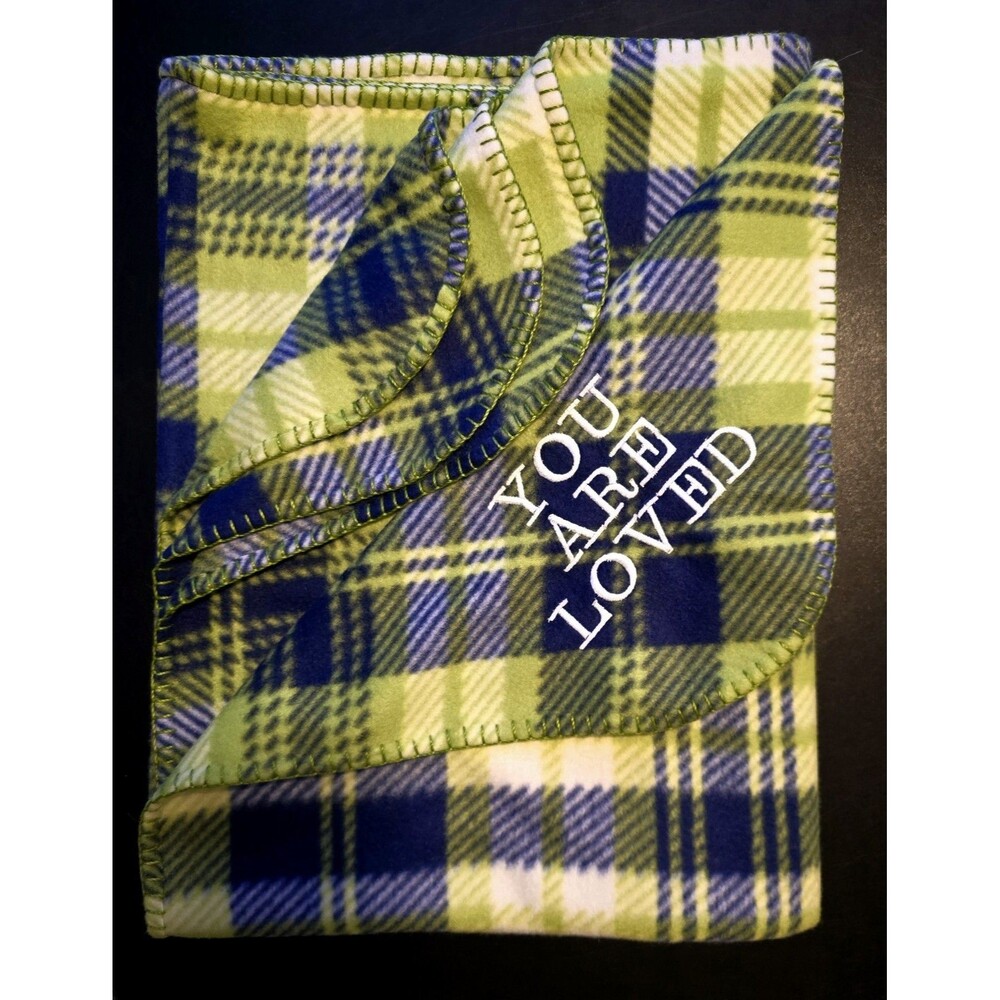 Soft & Pretty "I love You" Thin Flannel Green Blanket  Hand Stitched Edges